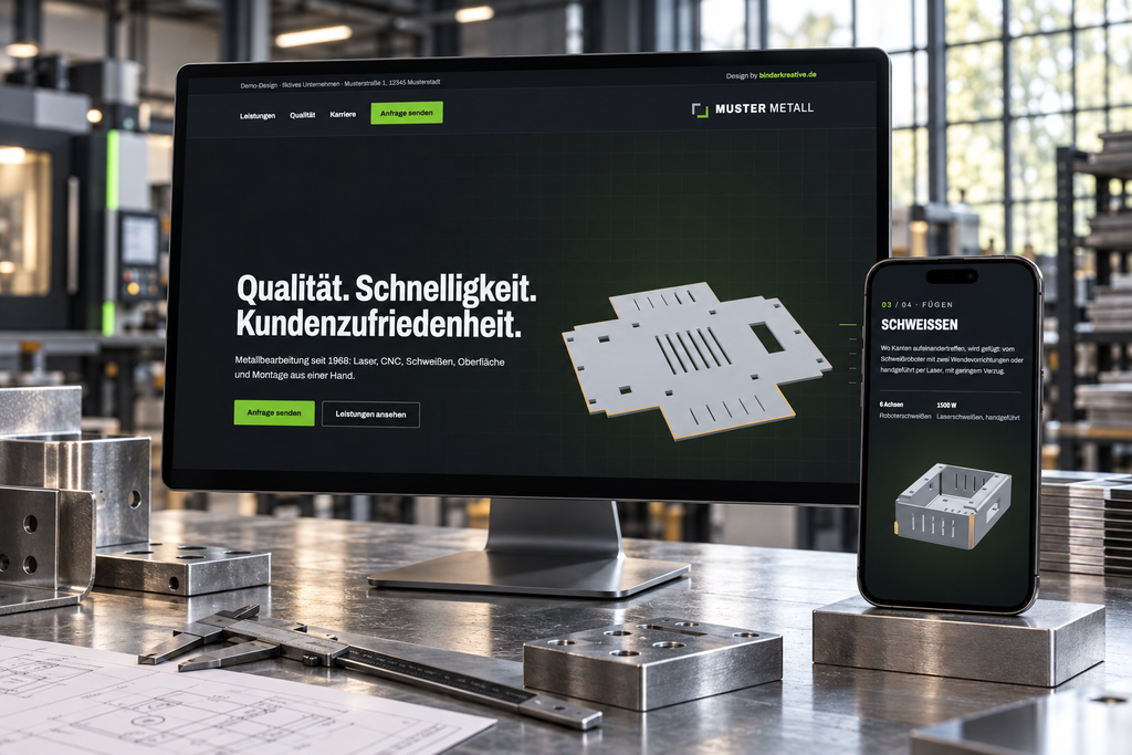 Hero-Slider mit 3D-Scroll-Animation auf der WordPress-Website in dem ein Metallbauteil geschweißt, gekantet und montiert wird.