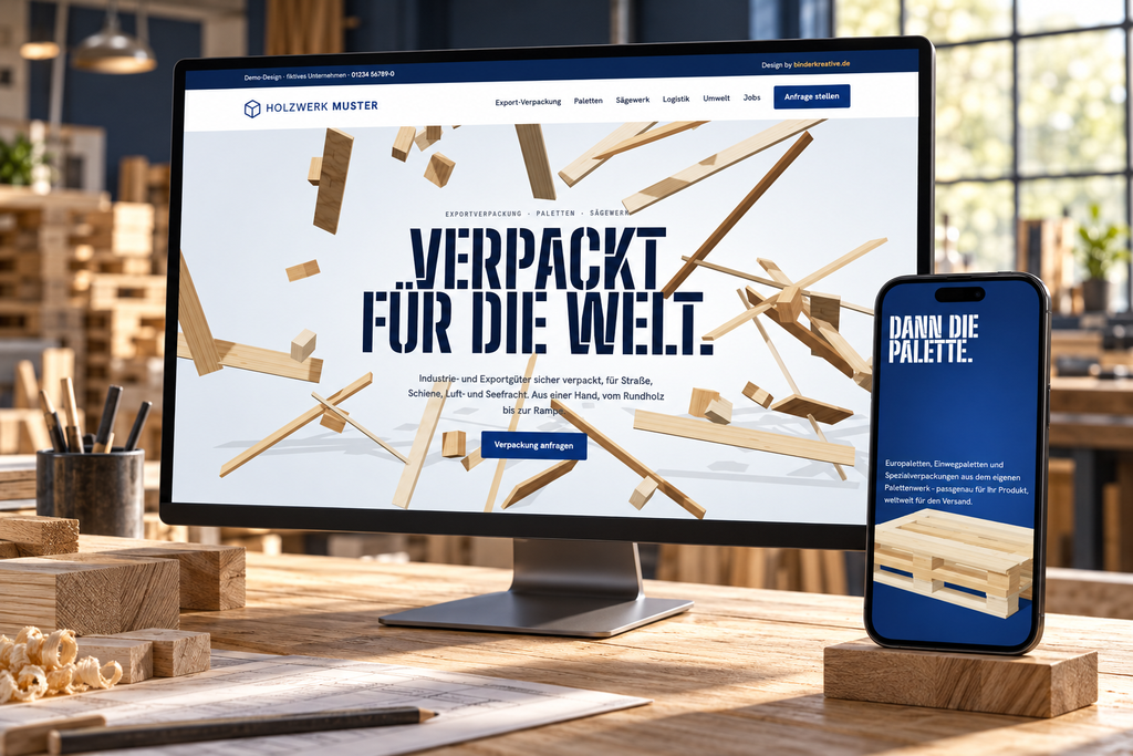 Hero-Slider mit 3D-Scroll-Animation auf der WordPress-Website in dem ein Holz-Palette zusammen gebaut wird.
